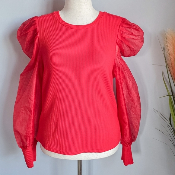 Anthropologie, New, Dolan Organza Red Puff Sleeve Top Blouse, Size XL - Picture 2 of 14
